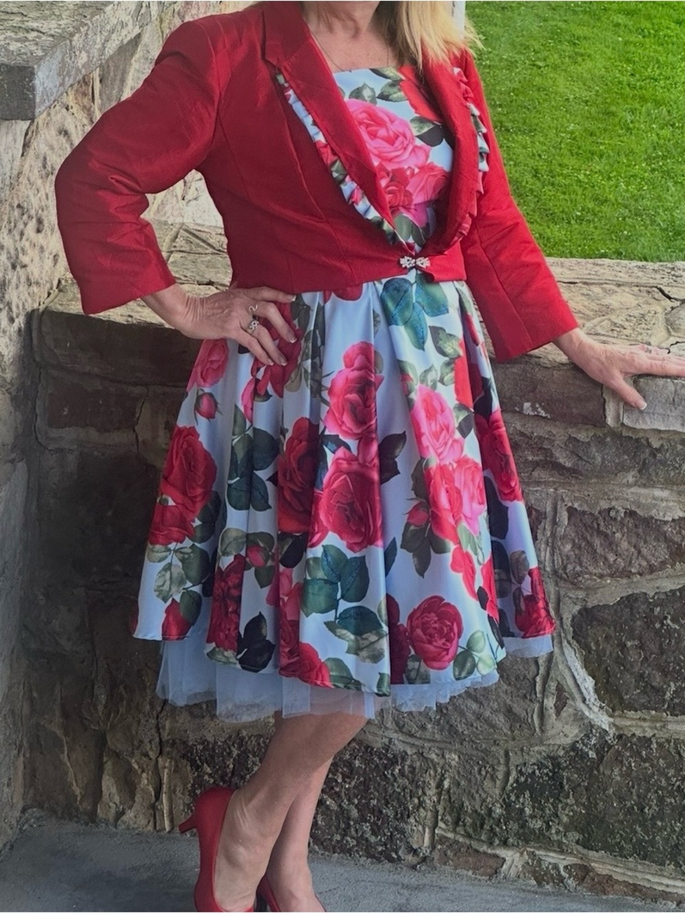 Betsy Adam Red Rose Floral Midi Dress with Matching Red Bolero